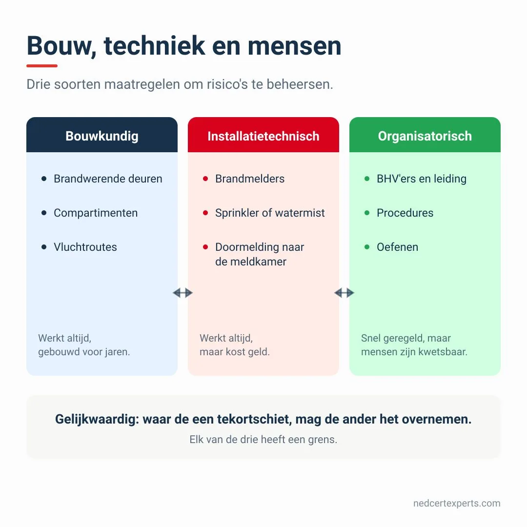 Schema van de drie soorten beheersmaatregelen uit NEN 8112: bouwkundig, installatietechnisch en organisatorisch, die gelijkwaardig zijn en elkaar kunnen vervangen