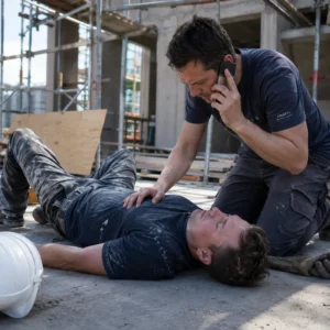 Bouwvakker ligt bewusteloos op zijn rug op een bouwplaats met zijn helm naast zich, terwijl een collega bij hem knielt en het alarmnummer belt.