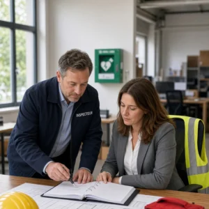 Inspecteur van de Arbeidsinspectie met een controlelijst op de werkvloer, in gesprek met drie werknemers. Op tafel liggen een plattegrond met vluchtroutes, een BHV-hesje en een EHBO-tas.