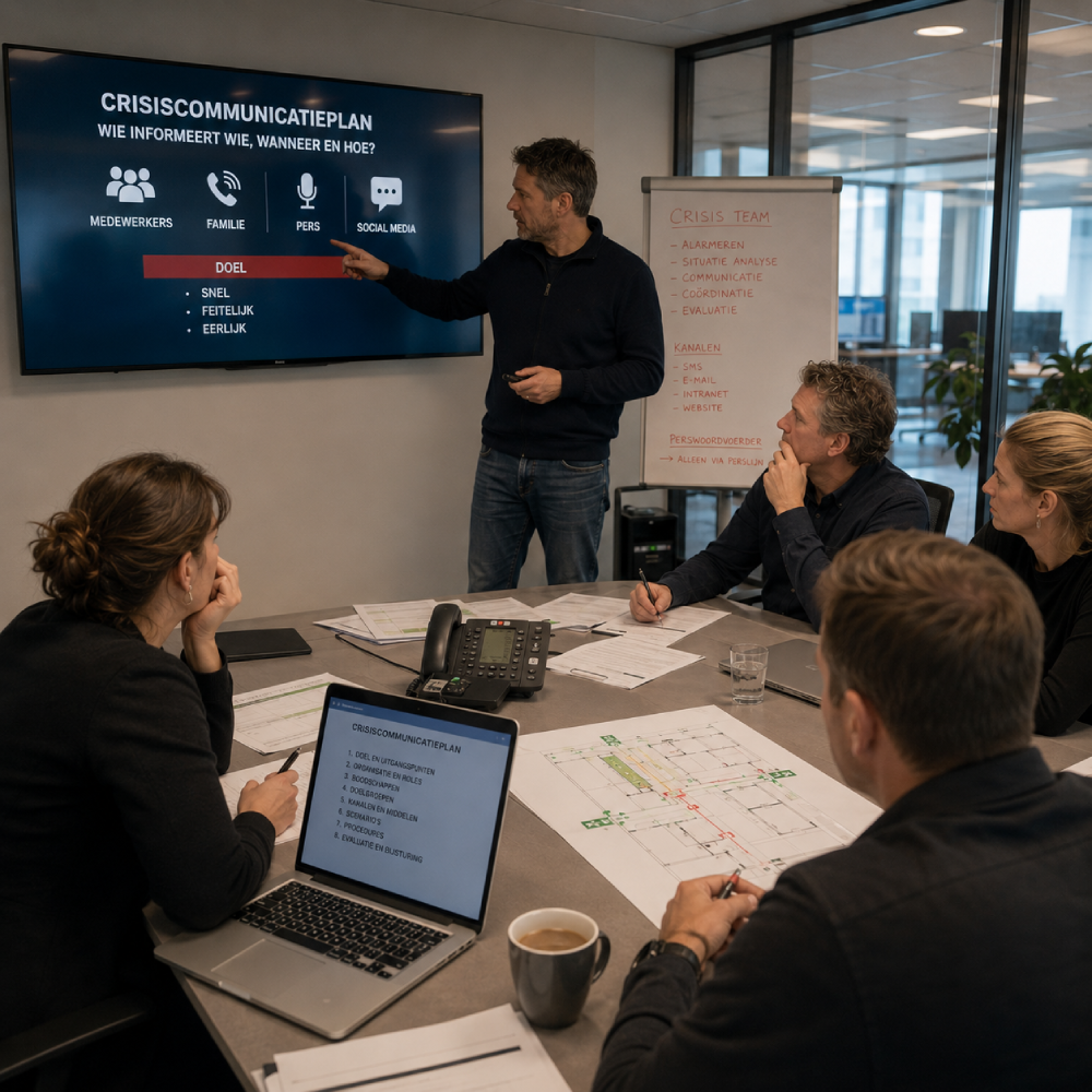 Crisisteam bespreekt een crisiscommunicatieplan met rollen, kanalen en doelgroepen op het scherm.