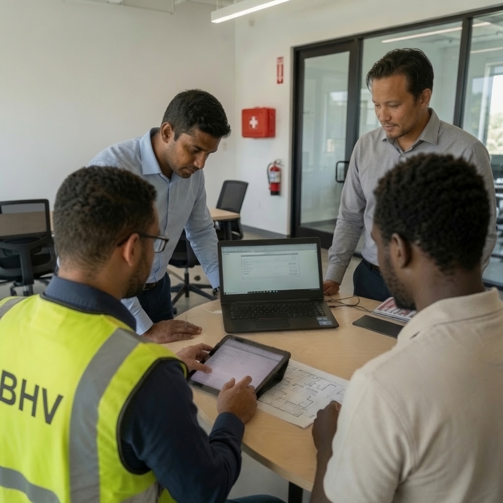 Werkgever en BHV'er bepalen samen hoeveel BHV'ers nodig zijn, met een plattegrond en een berekening op tafel.