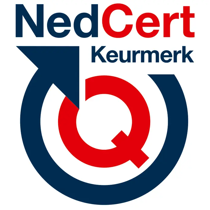 Logo van het NedCert Keurmerk voor BHV-opleidingslocaties met jaarlijks geauditeerde, ISO/IEC 17024 gecertificeerde instructeurs