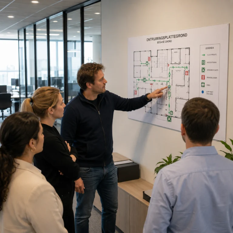 medewerker wijst vluchtroutes aan op een ontruimingsplattegrond tijdens een oefening.