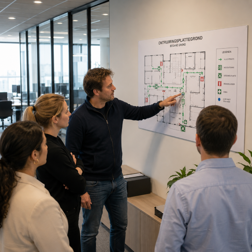medewerker wijst vluchtroutes aan op een ontruimingsplattegrond tijdens een oefening.
