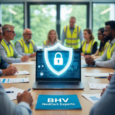 Laptop met beveiligingsschild en BHV-documenten tijdens vergadering – privacybescherming bij NedCert Experts